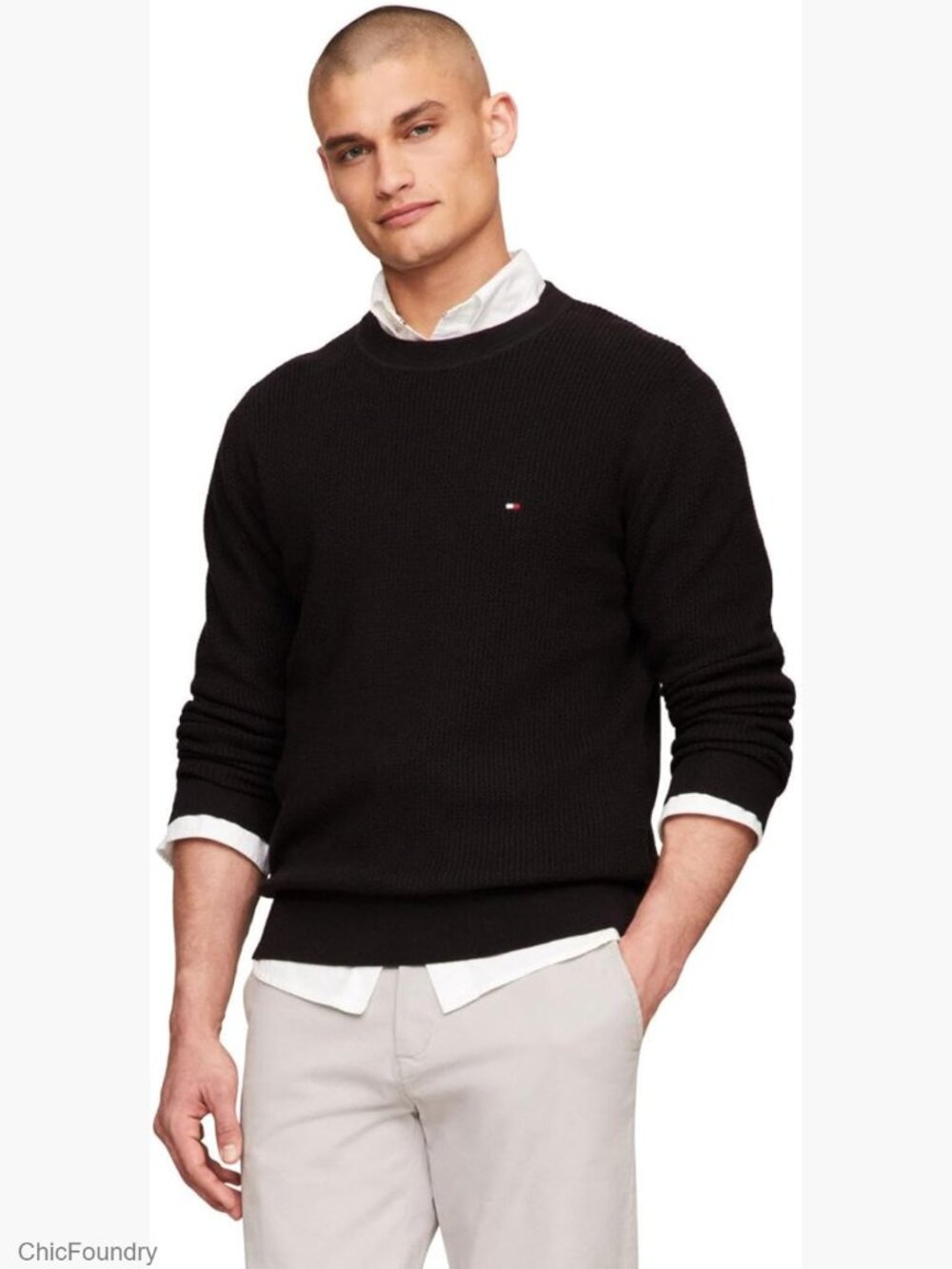 Waffle Knit Crewneck Sweater Lightweight Pullover Cotton